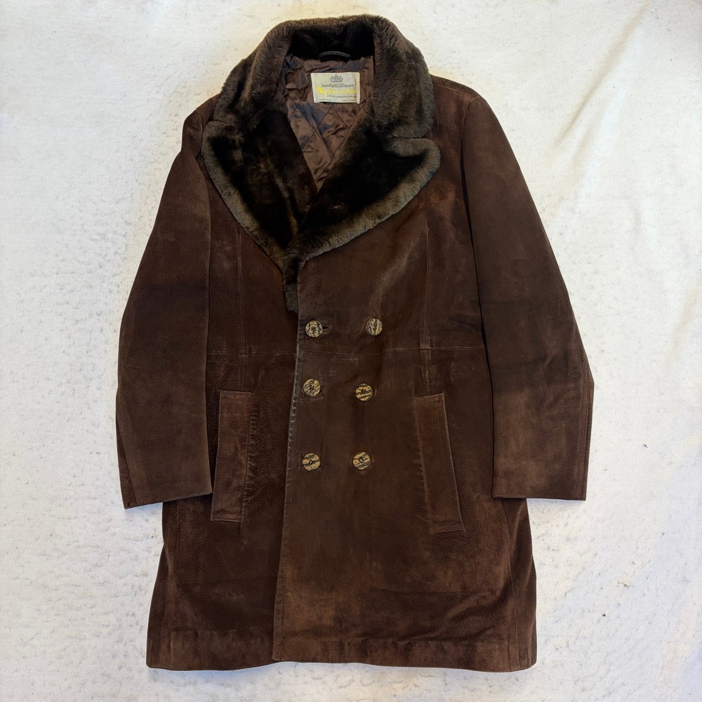 VTG Aquascutum Suede Overcoat 42 Brown Faux Fur Collar Double Breasted England